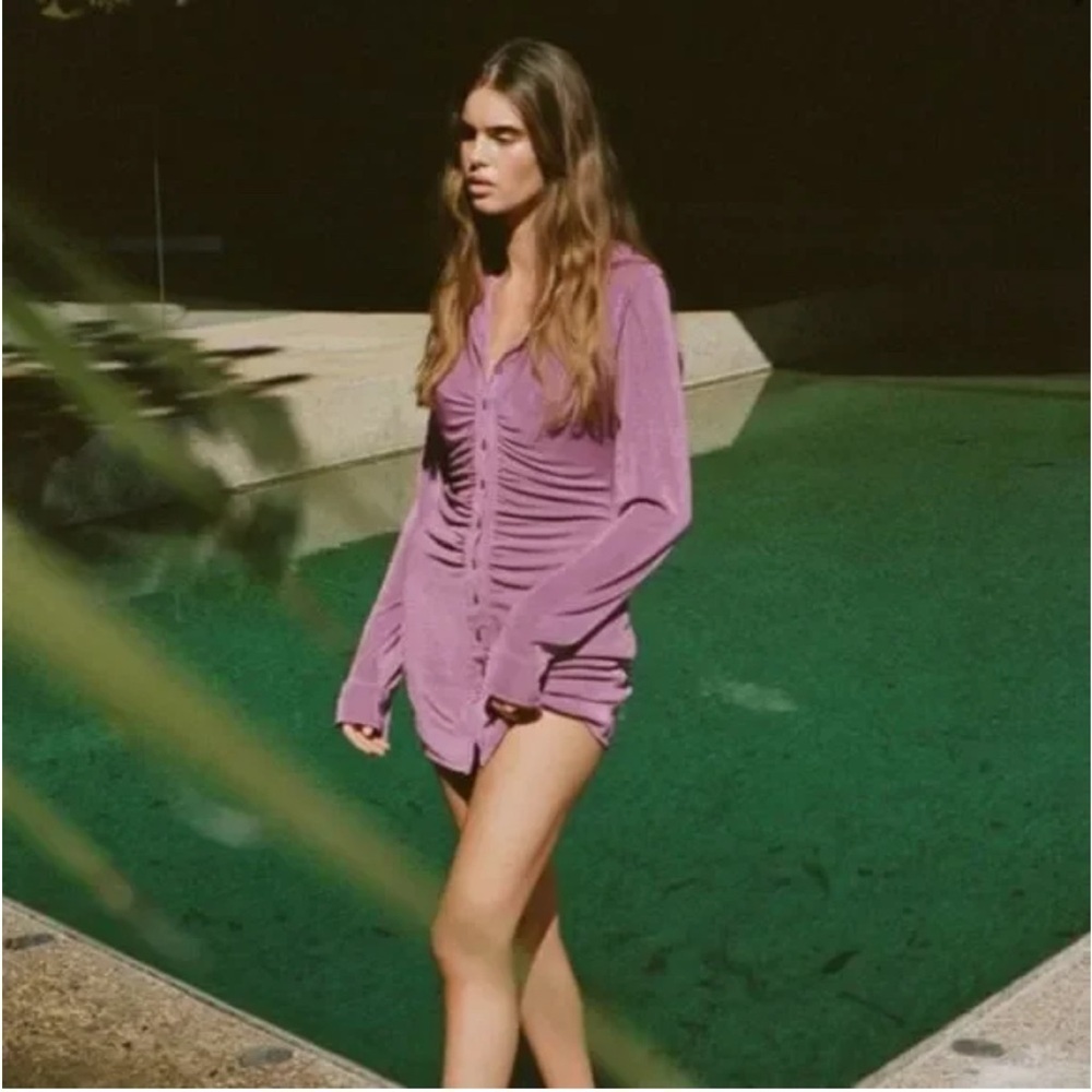 With Jean Andy Mini Purple Dress Long Sleeve Button Down Shirt Size XS